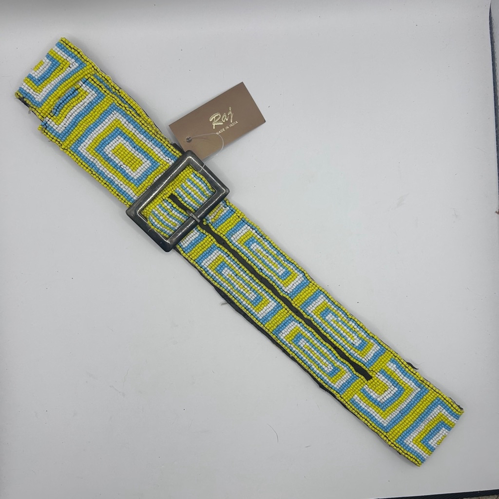 Raj Women's Hand made Beaded Belt 32” Yellow & Light Blue